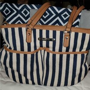 Navy and White Striped Canvas Tote with Leather Accents